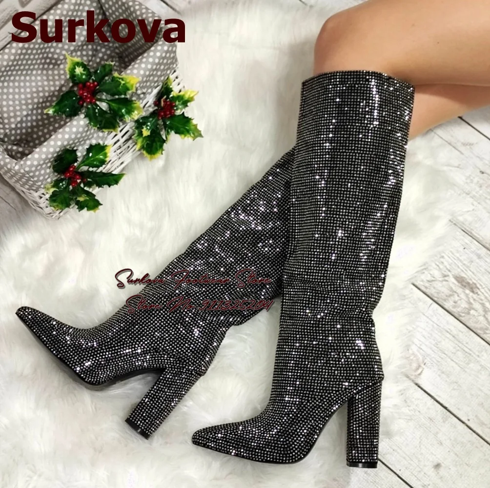 Surkova Black Bling Bling Full Crystal Chunky Heel Knee High Boots Pointed Toe Glittering Rhinestone Pointed Toe Tall Boots