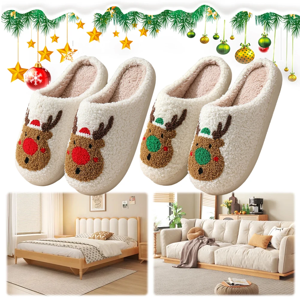 Christmas Elk Plush Slippers Fluffy Home Slippers Anti Slip Cute Animal Slippers Cartoon Elk Slides for Indoor Bedroom