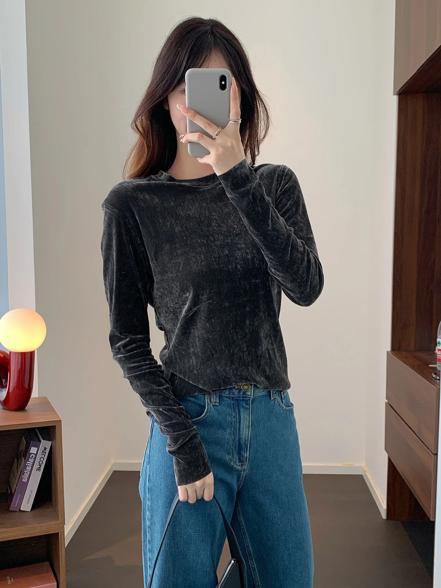 

Женская облегающая футболка Ele Velvet Floing Me с длинным рукавом и круглым вырезом, универсальная, осенняя новинка