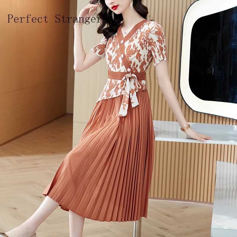 Sanzhai Pleated 2024 Summer Short Sleeve Vestidos Slim Appearance Age Reducing V-neck Heavy Work Women Long Dress