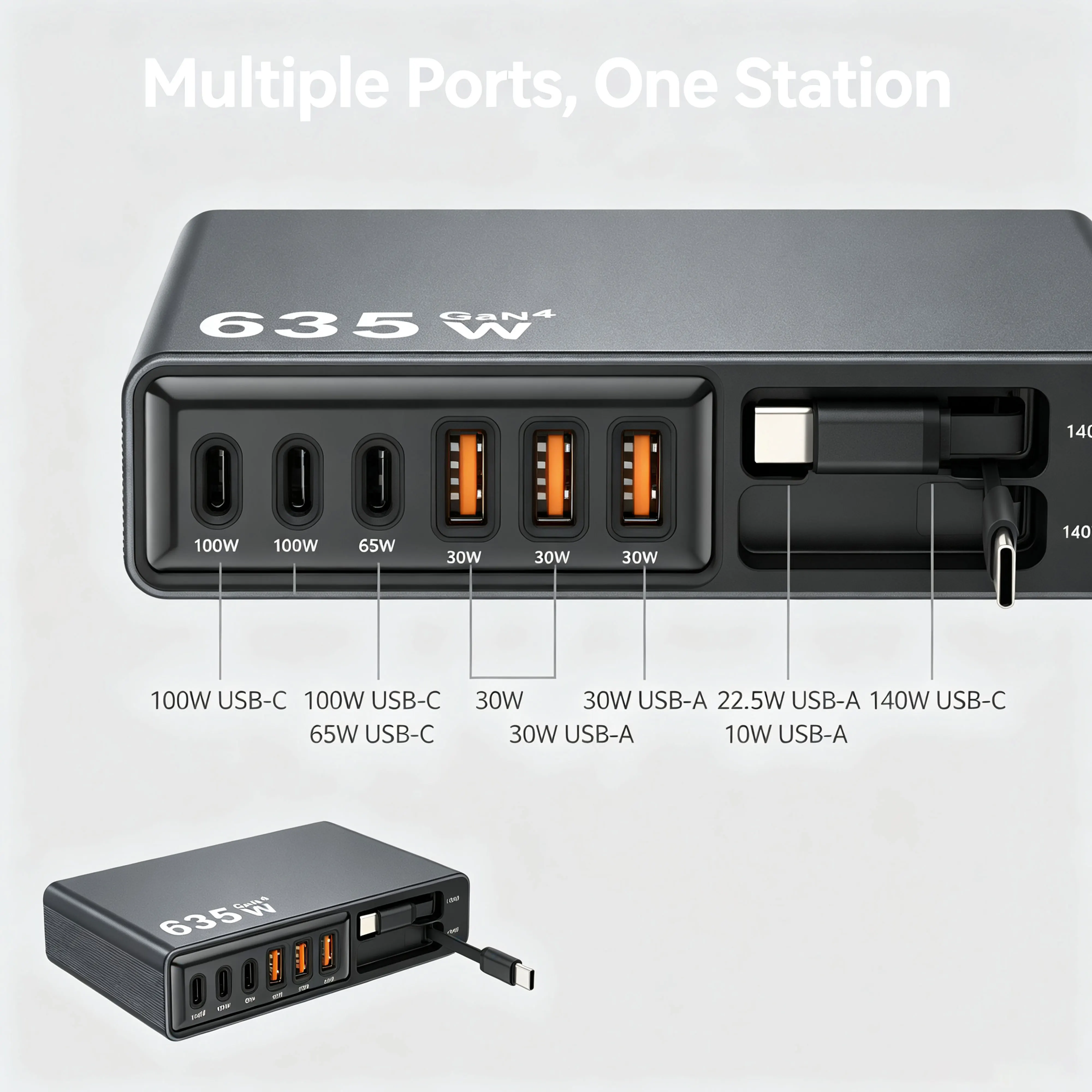 Universal 8 Ports 635W GaN Charging Station With 140W Retractable USB C Cable Fast Charger For Phones Laptops Tablets And More