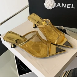 Mesh Designer High Heeled Sandals Women Pointed Toe Pumps Slingback Slippers Female Open-toe Gold Elegant Low Heel Flip Flops