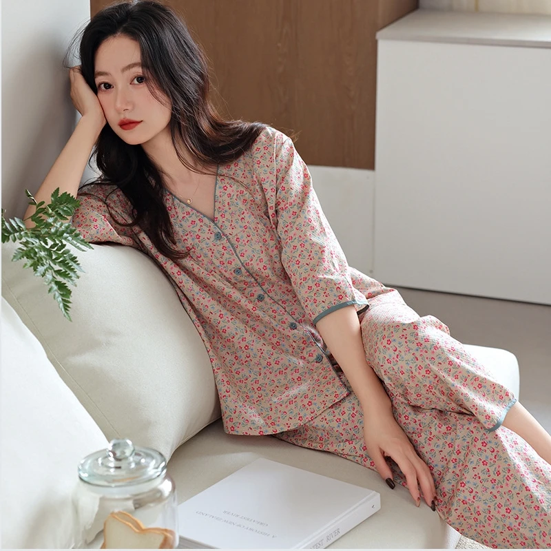 Woven cotton gauze pajamas for women in spring and autumn, pure cotton with seven quarter sleeves, thin summer cardigan, large s