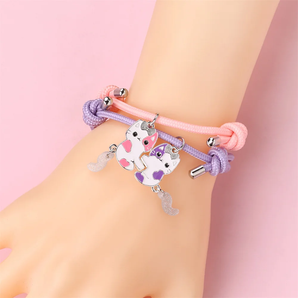 2 Pcs/set Magnetic Luminous Cat Pendant Bracelet Best Friend Bracelet Chain Bracelet Adjustable Party Accessories Jewelry