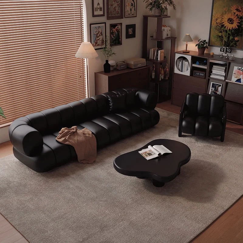 Black retro straight row sofa living room hotel office reception beauty salon clothing store lounge area sofa