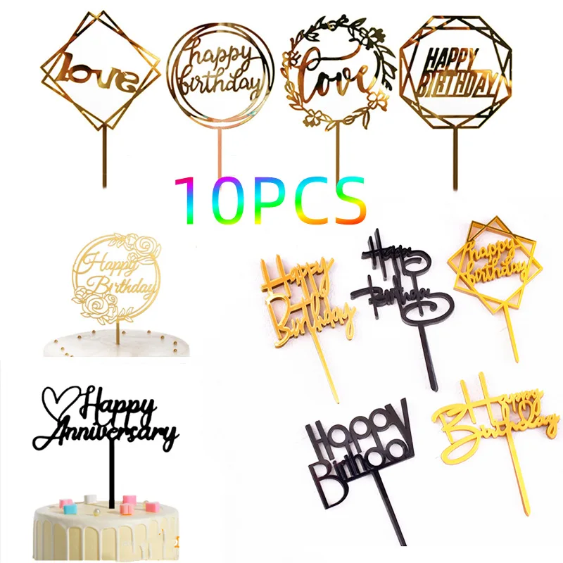 10 Stück Happy Birthday Tortendekoration Gold Acryl Kuchenflagge für Kindergeburtstag Geschenk Tortendekoration Backzubehör – Detail 5