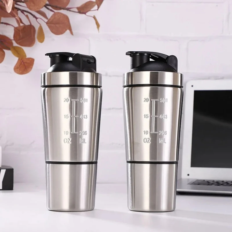 Single-layer Stainless Steel Double Section Shaking Cup with Scale Storage Tank Fitness Protein Powder Mixing Cup 304