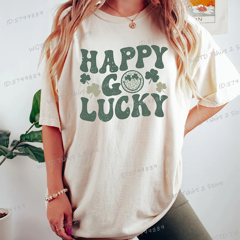 Happy Go Lucky Retro St Patty's Day Woman T-shirts Irish Celebration Outfit in Style Vintage St Patrick's Shamrock Lucky TShirt