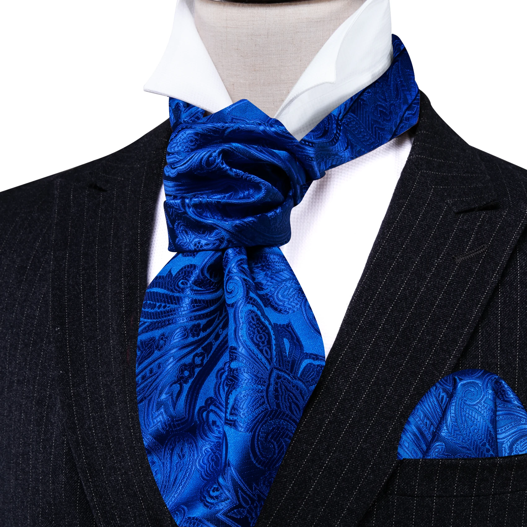 Barry.Wang Fashion Men Ascot Paisley Floral Solid Blue Green Purple Cravat Tie Scrunch Self British Set Formal Wedding Party