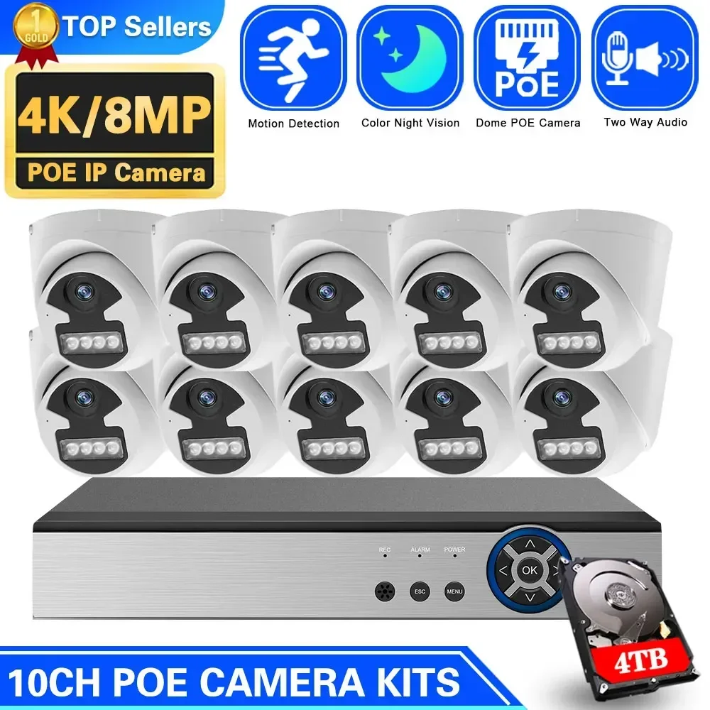 

H.265 10CH 8CH 8MP 4K POE Camera System Smart AI Full Color Night VIsion Human Detection CCTV Video Security Surveillance Kit