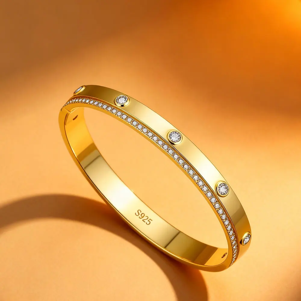 LinkerLove Golden Moissanite Bangle S925 Sterling Silver for Woman 18K Gold Plated Diamond Bracelet Wedding Party Luxury Jewelry