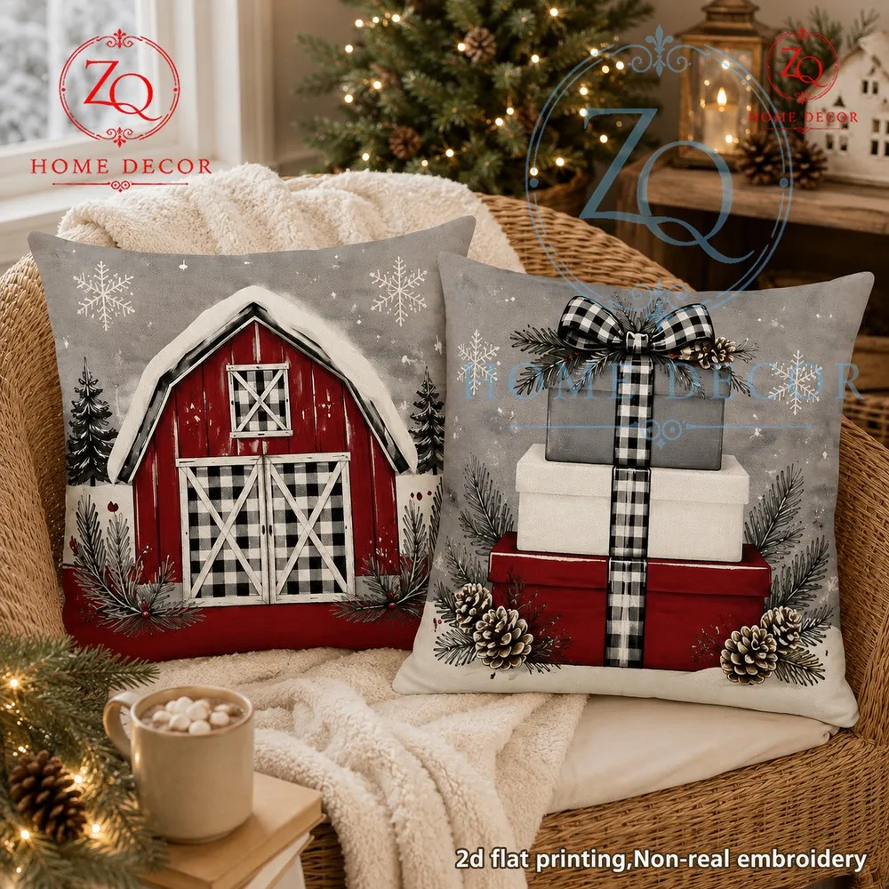 Christmas Red Barn Gift Pillowcase: Retro red  gray American Christmas style restoring a warm  festive mosphere to any room