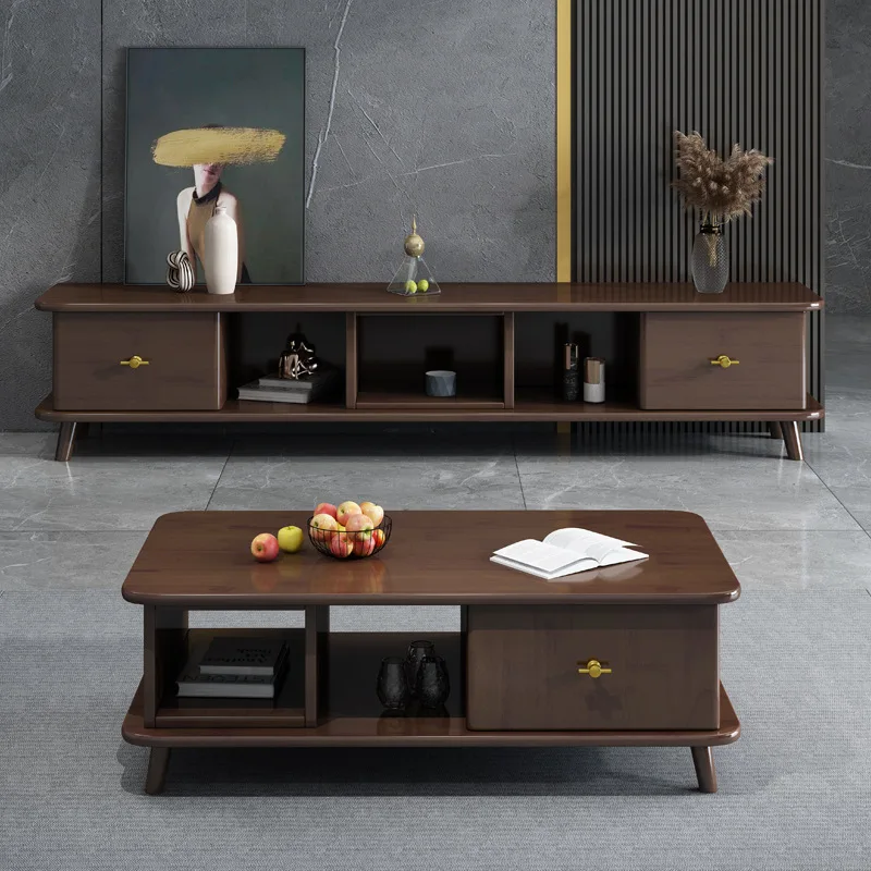 Nordic solid wood coffee table TV cabinet combination modern simple size apartment living room home storage
