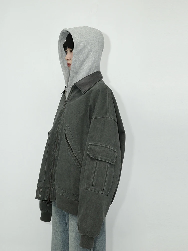 

Gulu Oh American Style Loose Flight Jacket Unisex Washed out Grey Heavy Duty Workwear Coat Street Style Long Sleeve Zipper Cl...