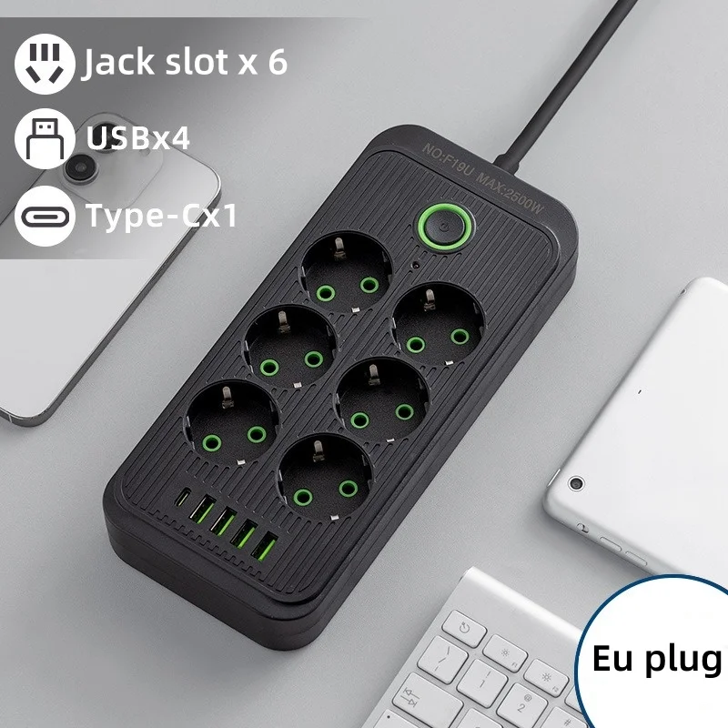 Stekkerdoos met 2M Verlengsnoer 6/8 EU Gaten 4USB Type C Poorten Universele AC Outlet Stopcontact Telefoon Veilig Opladen Adapter