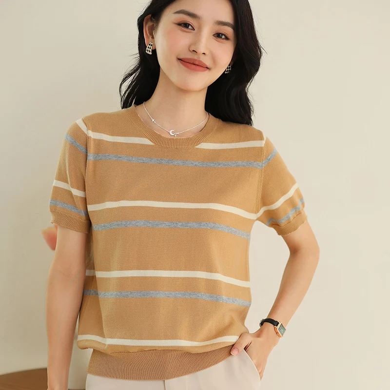 

Женская футболка из 100% хлопка, трикотажная, с коротким рукавом, в полоску, с круглым вырезом, свободного кроя, с цветовыми блоками, летняя коллекция 2026