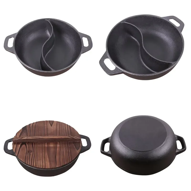 Cast Iron Hot Pot with Divider 2 Grids Chinese Style Casserole for Kitchen Cooking