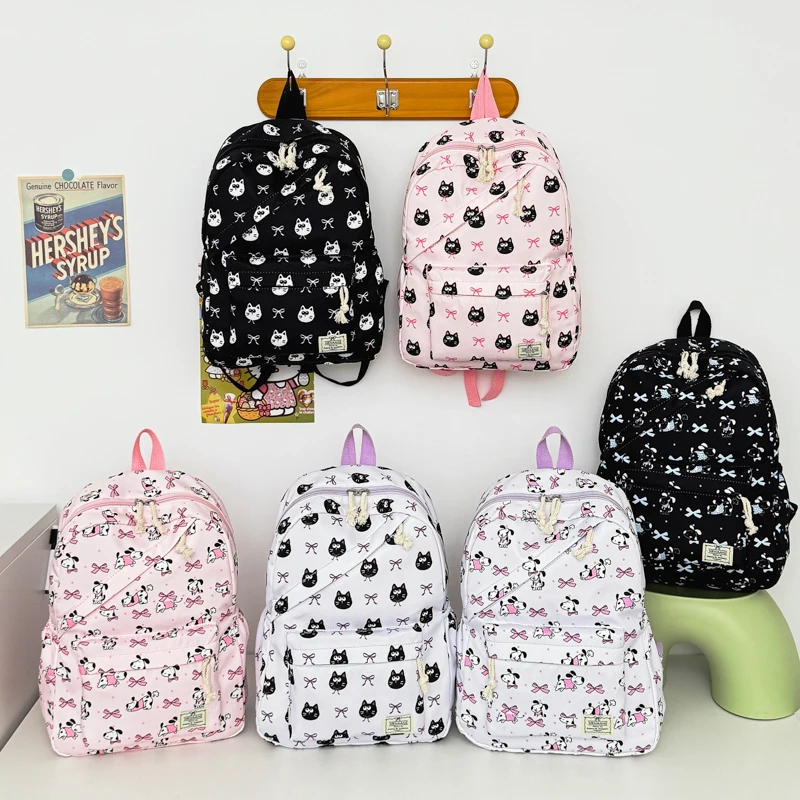 Fun Cute Bow Animal Pattern Backpack Lightweight Nylon Large Capacity Multifunctional Student Backpack Campus Outdoor