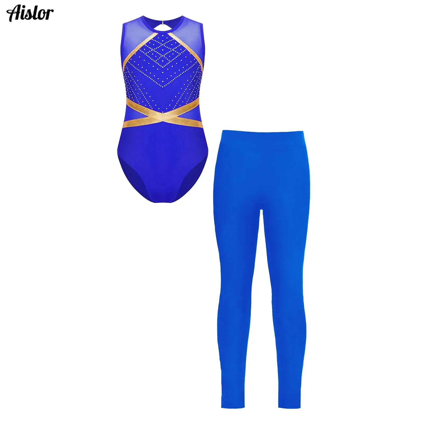 

Kids Girls Glittery Rhinestones Gymnastics Leotard Sleeveless Keyhole Back Bodysuit+Shorts/Pants for Figure Skating Ballet Dance