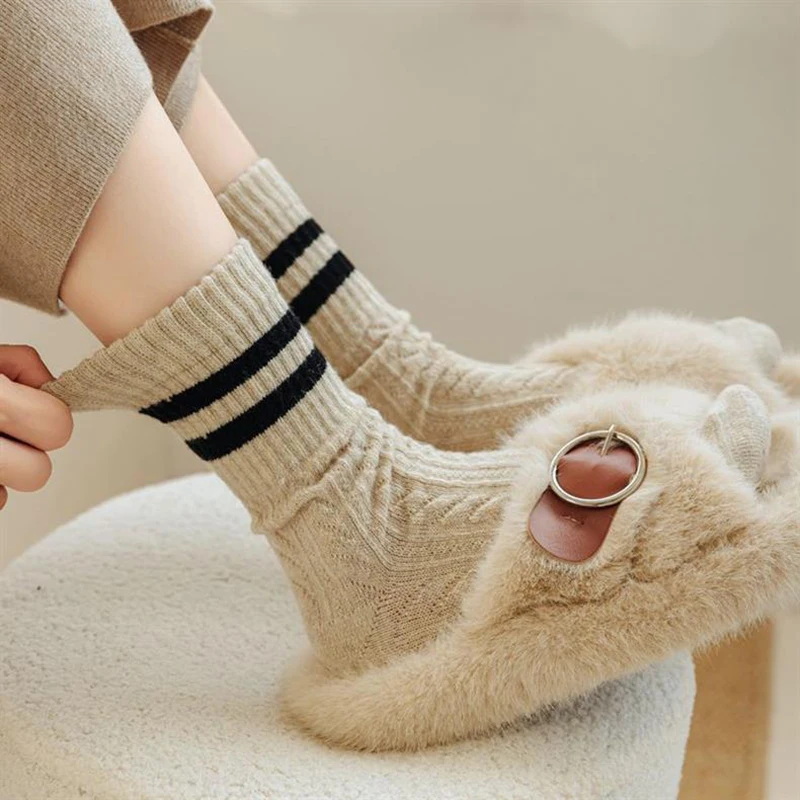 5/10 Paar Damen Herbst-Winter gestreifte mittelhohe Socken, warm, bequem, modisch, College-Stil, dreidimensionale Textur, lässige Socken – Detail 8