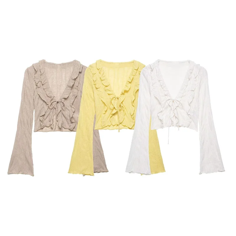 

Summer Women's Bow Cardigan Tops 2026 New Fashion Long Sleeved V-neck Top Elegant Women's Clothing