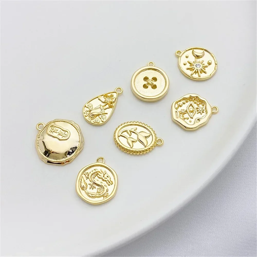 14K ゴールド クイーン アバター フラワー ボタン ラウンド ラベル ペンダント ハンドメイド DIY ネックレス ヘッドピース素材 L450