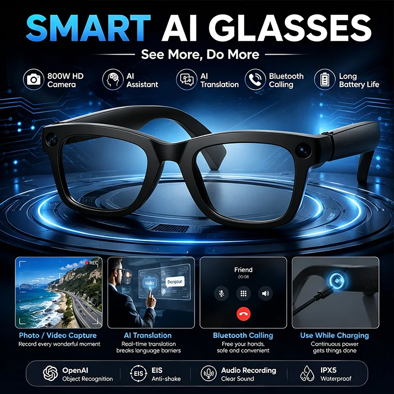 AI Smart Glasses 1080P30 Frames 800W HD Camera Bluetooth Video Call AI Translation AI Conversation Voice Assistant Smart Glasses