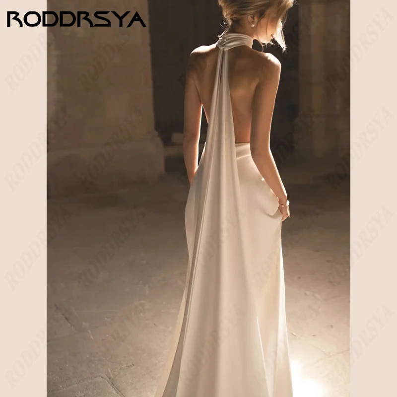 RODDRSYA Halter abiti da sposa sirena Spaghetti Strap Vestido De Noiva Deep v-neck Bride Party Soft Satin Backless abito da sposa Halter abiti da sposa sirena Spaghetti Strap Vestido De Noiva Deep v-neck Bride Party So