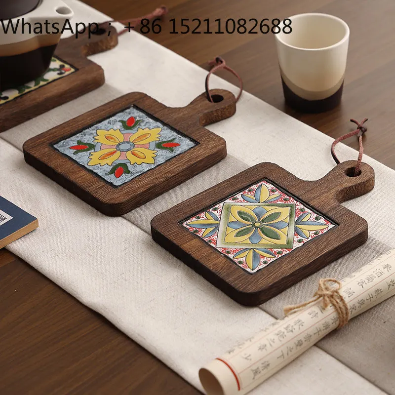LLY solid wood thermal insulation pad retro anti-scalding tile handle casserole pad household creative wooden coaster