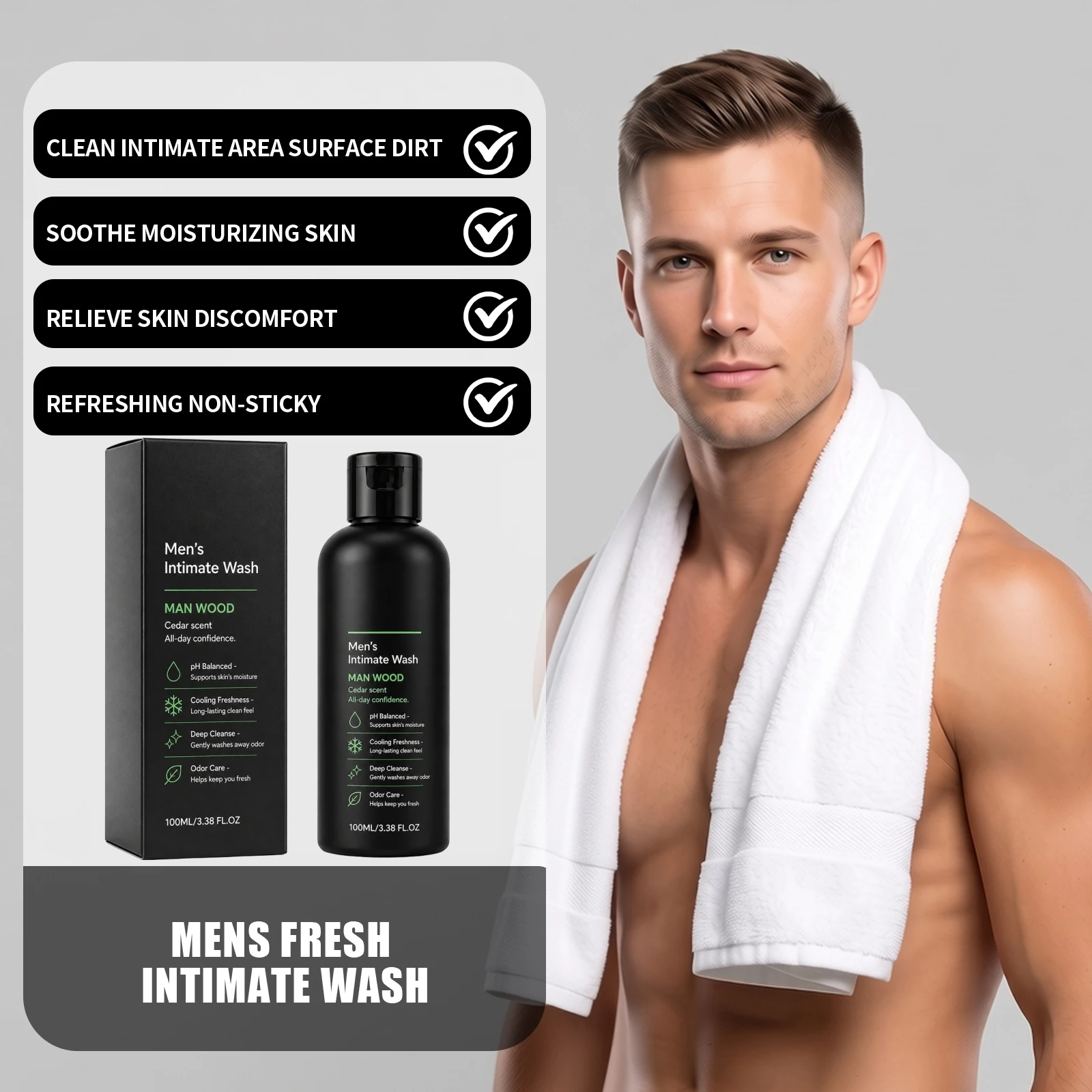 Mens Intimate Wash Cooling Fresh Odor Control Cedar Scent Men Daily Body Hygiene Care pH Balanced Gentle Cleanser For Groin Area