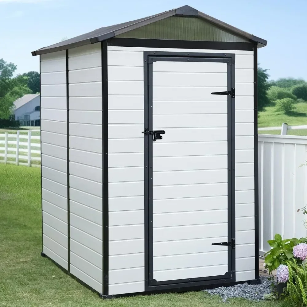 

4x6FT Outdoor Plastic Garden Resin Patio Storage Shed with Floor Small Tool Sheds with Lockable Door, Easy to assemble, White