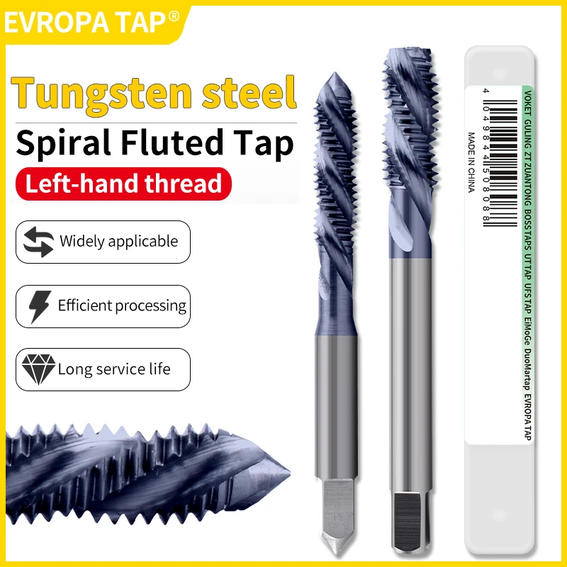 evropa-左ねじタップ（m2-m18）-スパイラル溝付き超硬鋼（炭化タングステン）ticnコーティング、jis規格