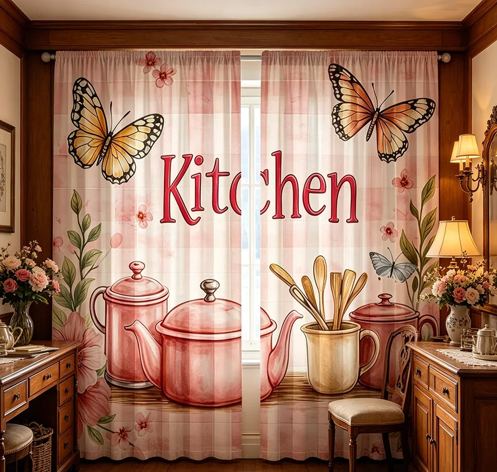 2PCS Digital Printed Curtains, Warm Kitchen Utensil Home Cooking Farmhouse, Home Decor Style for Living Room Bedroom Decor