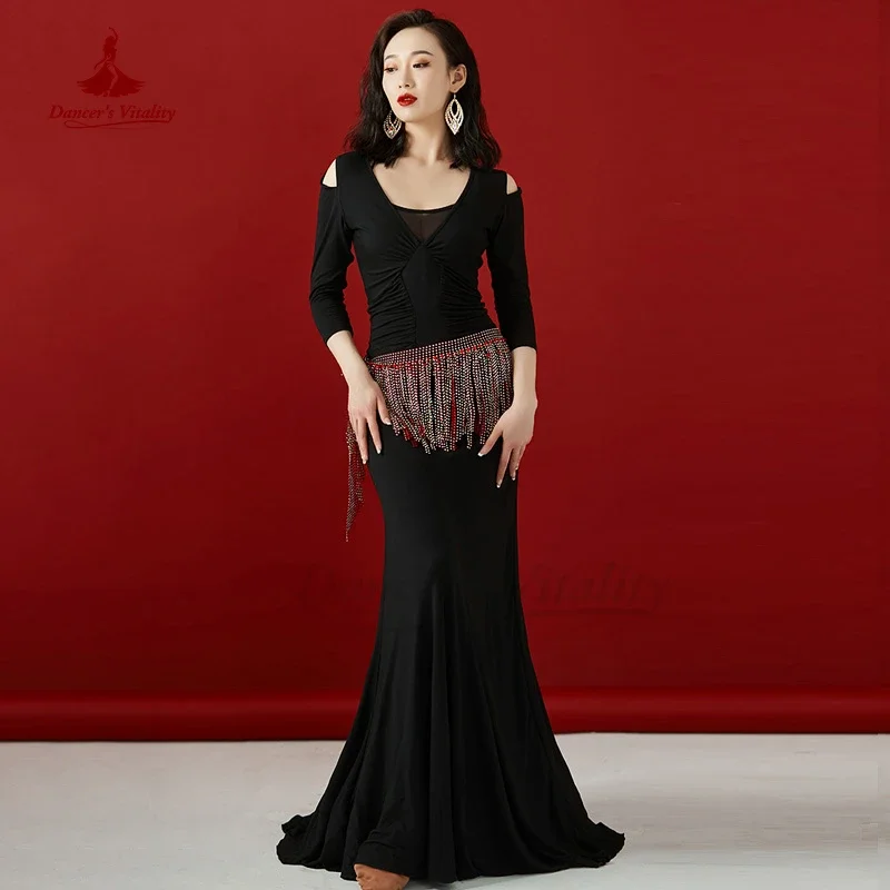 Sukienka do Tańca Brzucha Zimowa Długi Rękaw Strój Treningowy Sukienka Taneczna Orientalny Strój Występ Grupowy Damska Tribalna Długa Spódnica