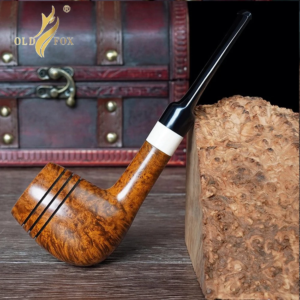OLD FOX Hand Carved Briarwood Tobacco Pipe Pool Straight Handle Double Waist Design Fathers Day Gift Set With Cleaning Kit