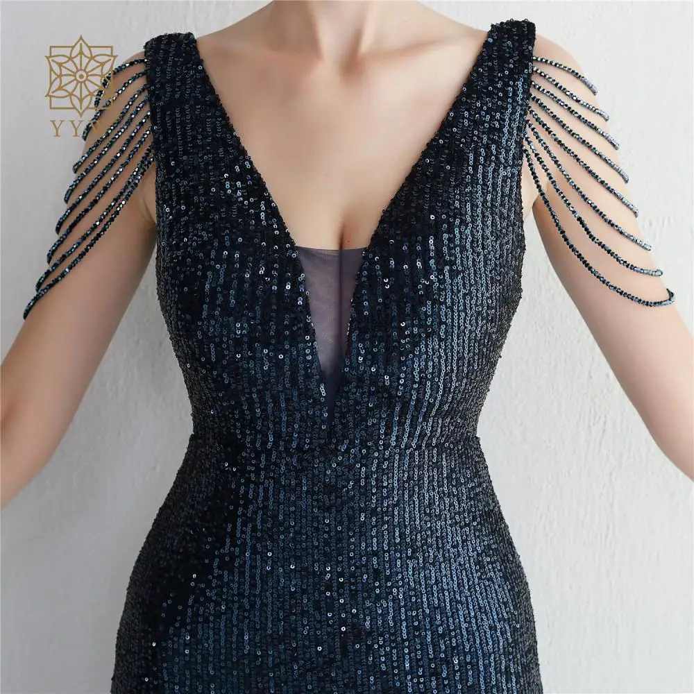 

Gradient Party Dresses Cocktail Sequins Bling Glitter Beading Long Formal Evening Dresses Deep V Neck Sexy Mermaid Prom Dress