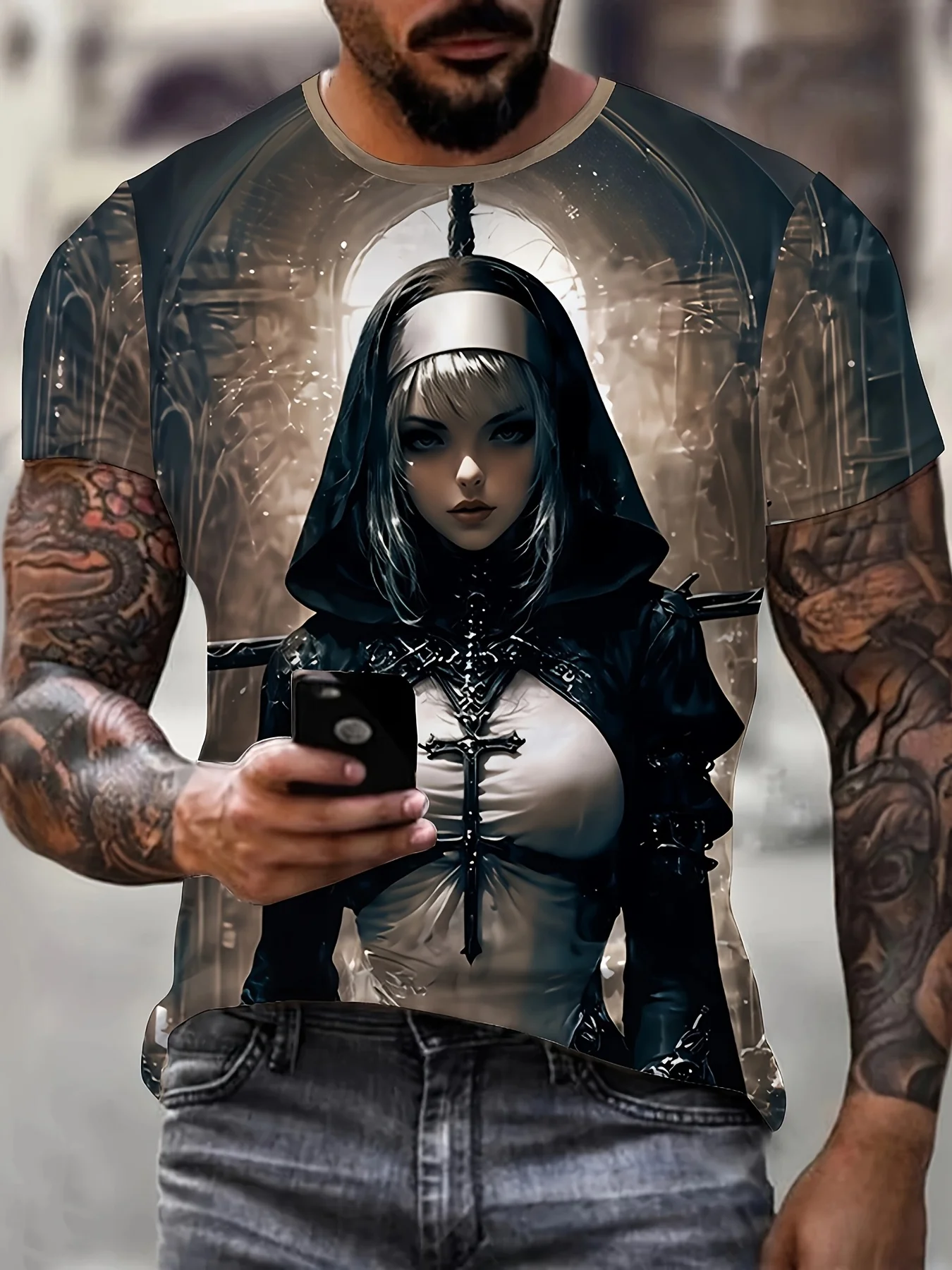 تي شيرت برسومات راهبة قوطية للرجال والنساء - فن الدير القوطي الداكن مع راهبة، تي شيرت برقبة دائرية قابلة للتنفس لجميع القديسين #2