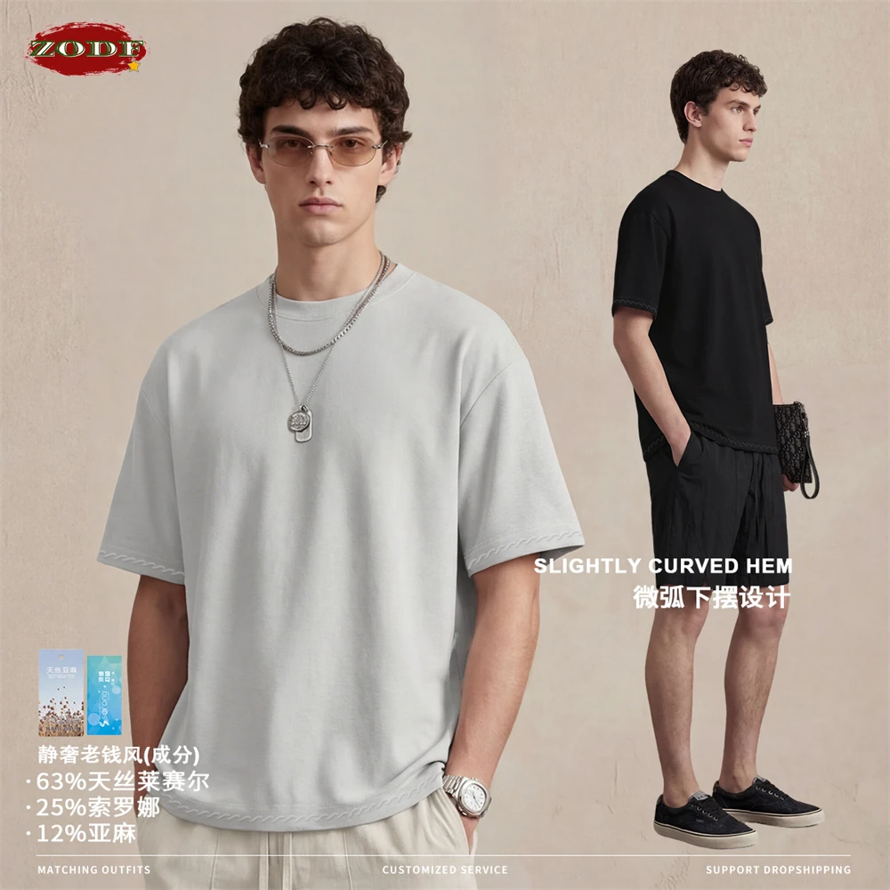ZODF Fashion Summer Old Money Style 200gsm T Shirts For Man Unisex Breathable Quick Dry Linen Loose T-Shirt Brand Tees HY1273