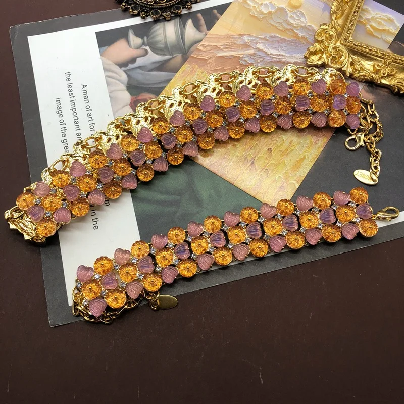 Europe and America Fashionable Colored Heart-Shaped Flower Jelly Glass Short Necklace Bracelet Vintage Jewelry Set for Women