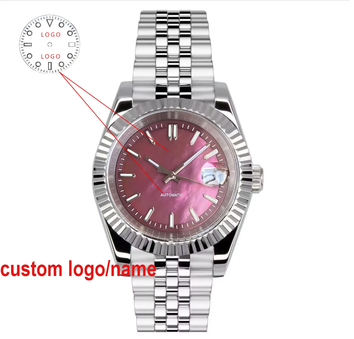 Reloj mecánico personalizado para hombre, 39mm, estriado fijo, rubí, rojo, nácar, verde, Esfera luminosa, automático, NH35A, 20ATM, zafiro