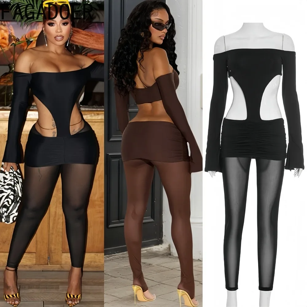 

FAGADOER Sexy Mesh See Through Bodycon Jumpsuits Women Off Showlder Hollow-out Long Sleeves Rompers Female Streetwear Overalls