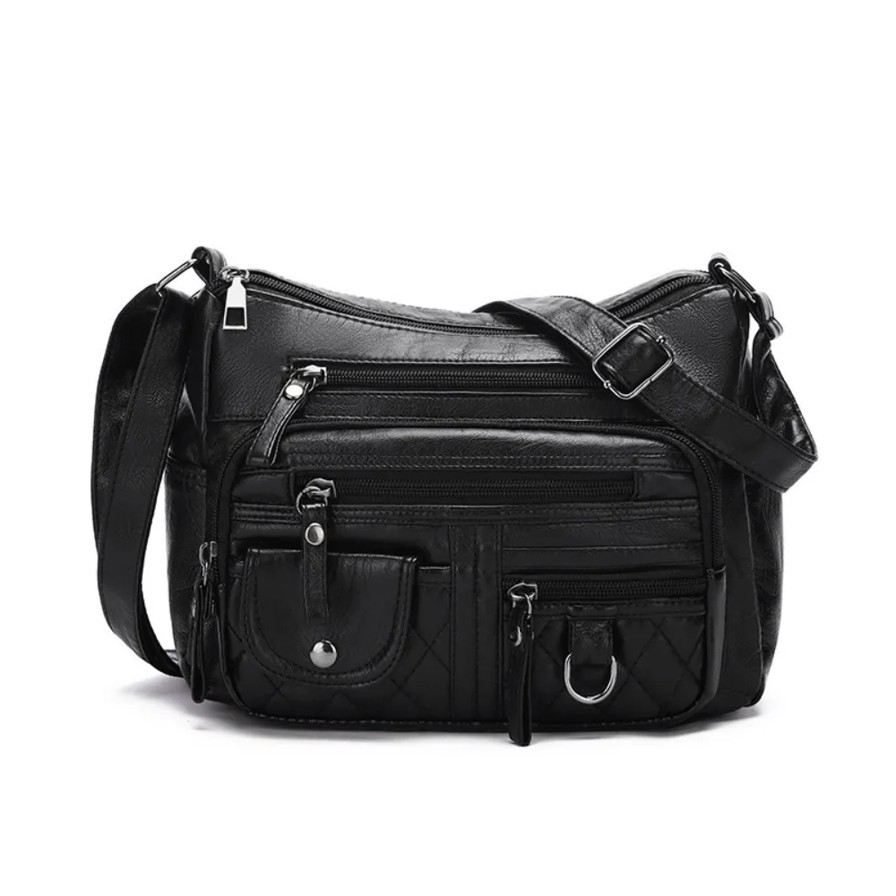 

Soft Multiple Zip Pockets Shoulder Bag Waterproof Retro PU Leather Crossbody Bag Solid Color Adjustable Strap