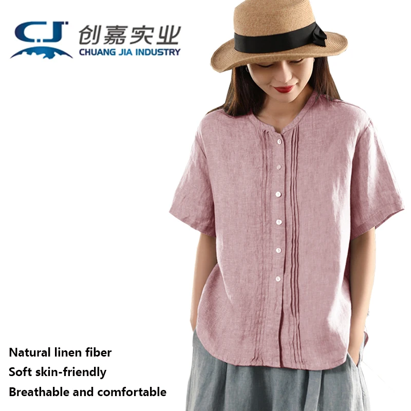 

Natural Pure Linen Women's Shirt, Navy Blue Short-sleeved Top, Elegant and Artistic Style, Casual, Relaxed and Comfortable