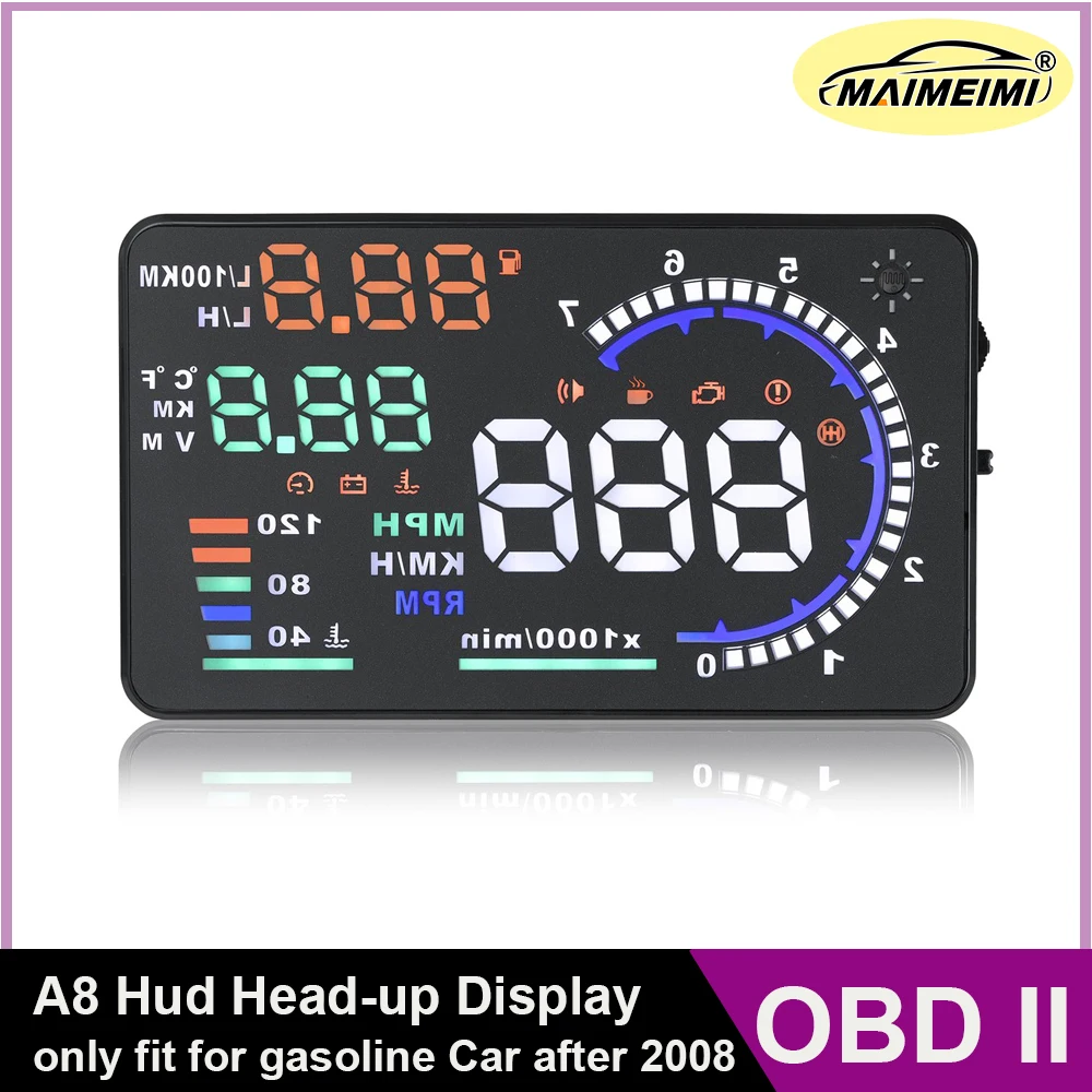 

Hud Car Speedometer A8 Dashboard Screen on glass Windshield Projector OBD Engine Temp RPM Display Driving Mileage Oversized Font
