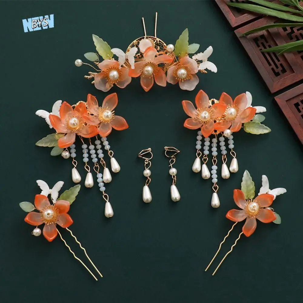 

Retro Flower Chinese Style Hairpin Set Pearl Tassel Hanfu Hair Stick Earring Hair Fork Cheongsam