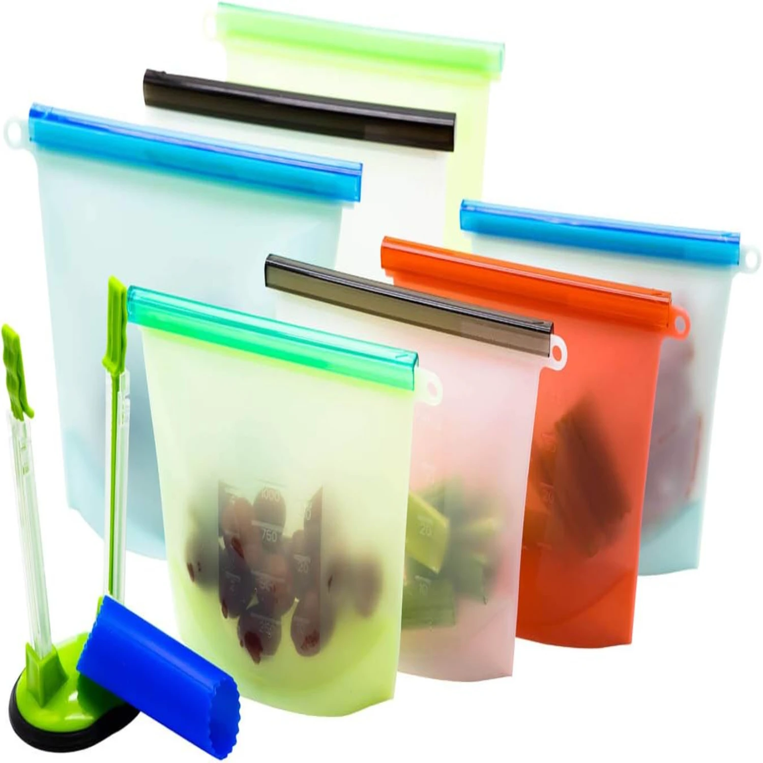 

Reusable Food Bags (9 Pieces) Dishwasher Safe Silicone Bags; Silicone Food Bag in Reusable Zip Style \u2014 Microwave Safe Reus