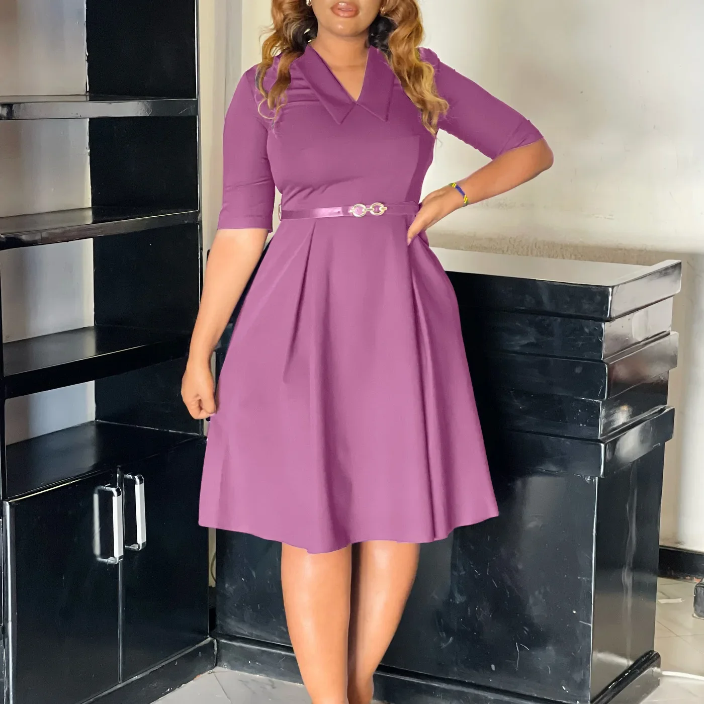 فساتين مكتب أفريقية أنيقة للنساء على شكل حرف v وحزام نصف كم وخصر متوسط الساق ملابس عمل رسمية ملابس ميدي