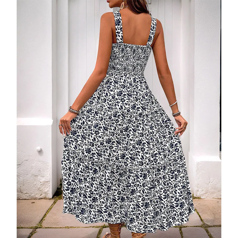 Abito lungo senza maniche estivo da donna sexy Boho Elegante scollo quadrato con stampa floreale Vestito estivo da spiaggia Abiti maxi senza schienale della Boemia