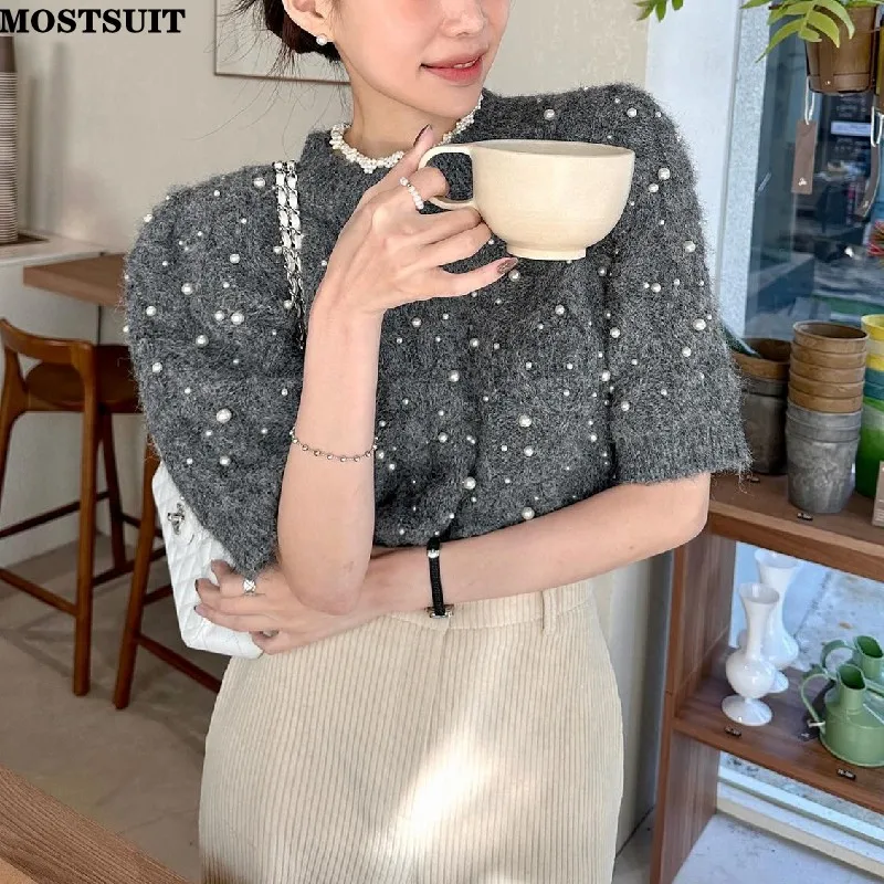 

Pearl Beading Twisted Knit Sweater Tops Korean Elegant Stylish Vintage Ladies Women Pullover Knitwear Short Sleeve O-neck Jumper