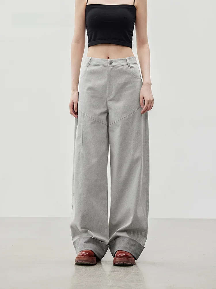 

XMOOM Autumn New Style Double Color Woven Grey Cuff Straight Leg Denim Jeans Women's Premium Fashion Cotton Stretch Jeans